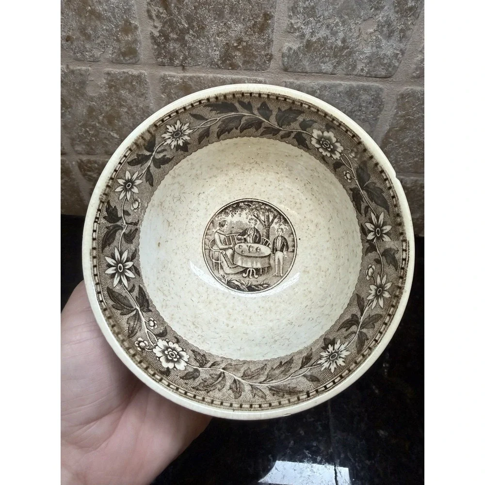 1860's Antique Villeroy & Boch Brown White Transfer Ware Slop Basin Bowl 2 Piece